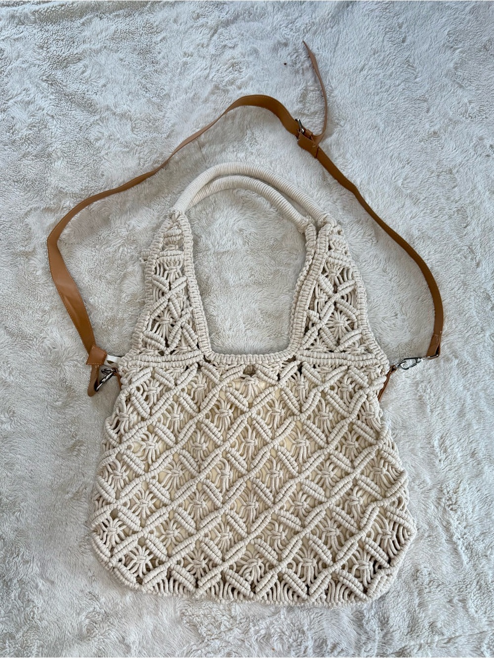 Handwoven Cream Macramé Tote with Tan Leather Strap